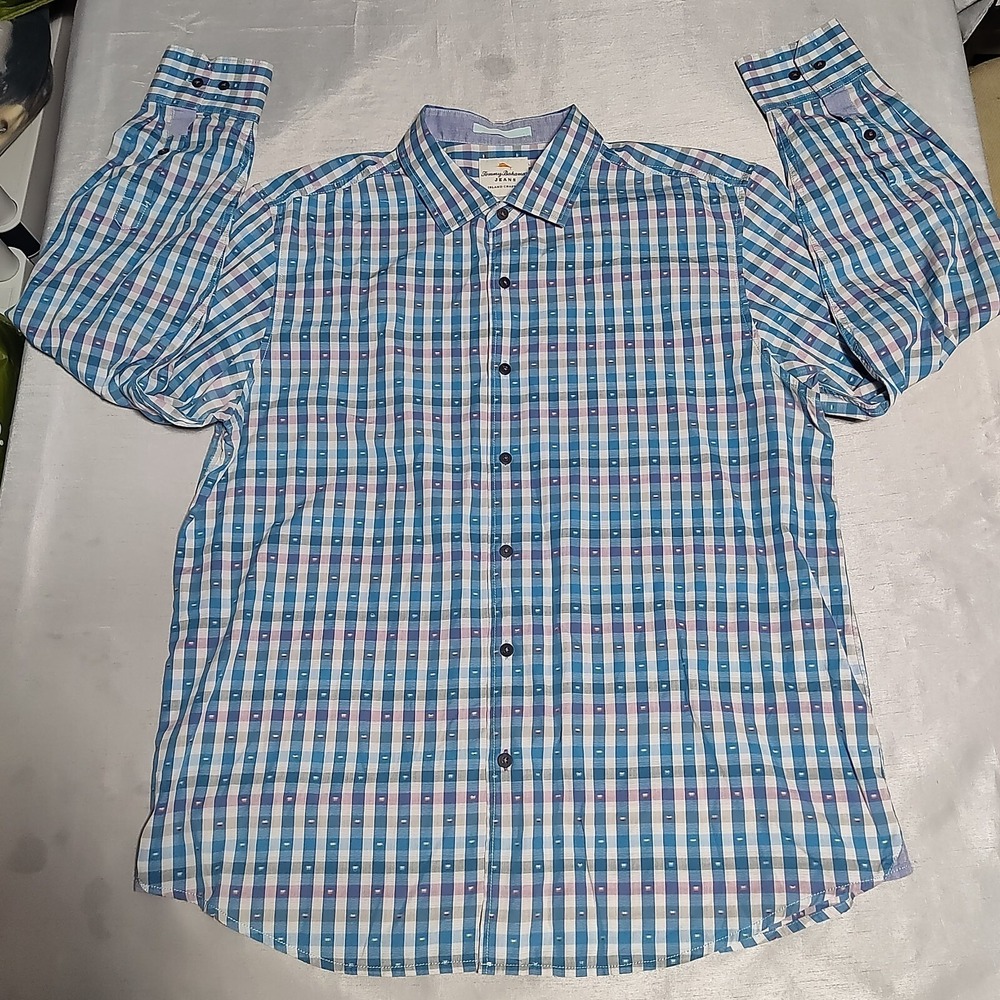 TOMMY BAHAMA JEANS ISLAND MODERN‎ FIT Men XL Blue Geo Check Cotton Shirt EUC - Picture 7 of 15